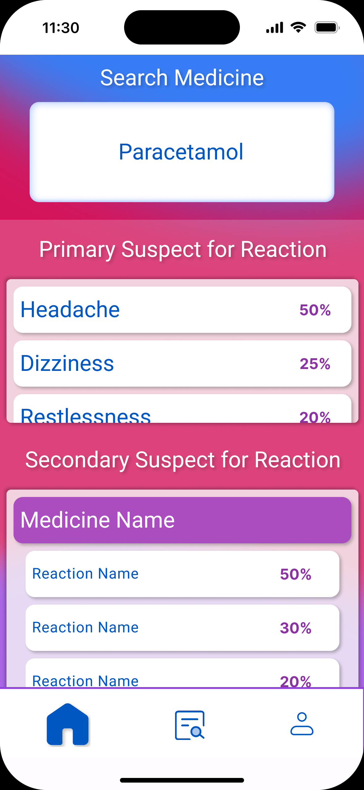 Medi Frnd application screenshot showing Medicine reaction
